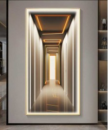 Gold Frame Modern 3D Effect Crystall Procelein Painting With Lighting